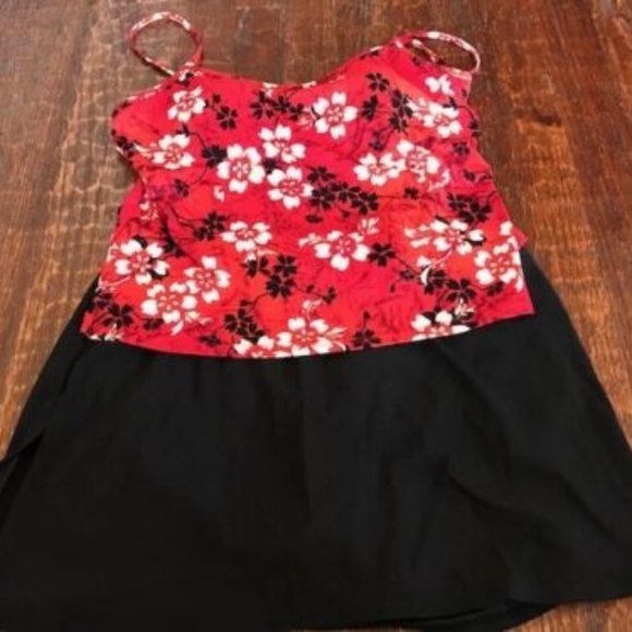 IT FIGURES * Modest RED & BLACK skirted 2-pc TANKINI Swimsuit * sz 10 * EUC - Picture 1 of 7